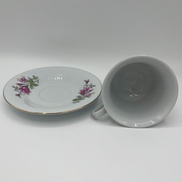 Crescent Fine China Pink Rosebud Teacup & Saucer with Gold Rim - Picture 4 of 4